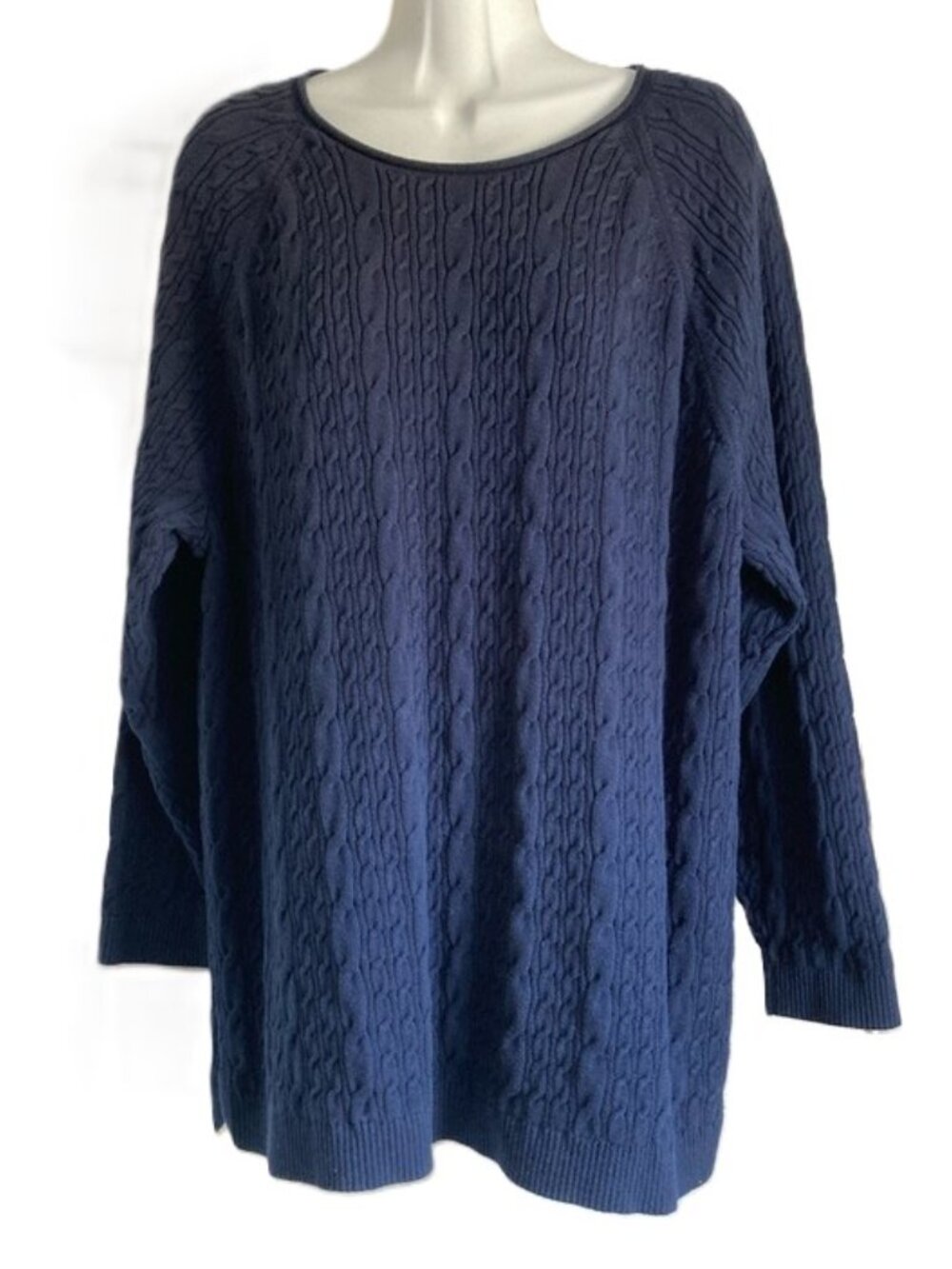 LANDS END Cable Knit Navy Blue Cotton Sweater Womens 2X- 20W- 22W